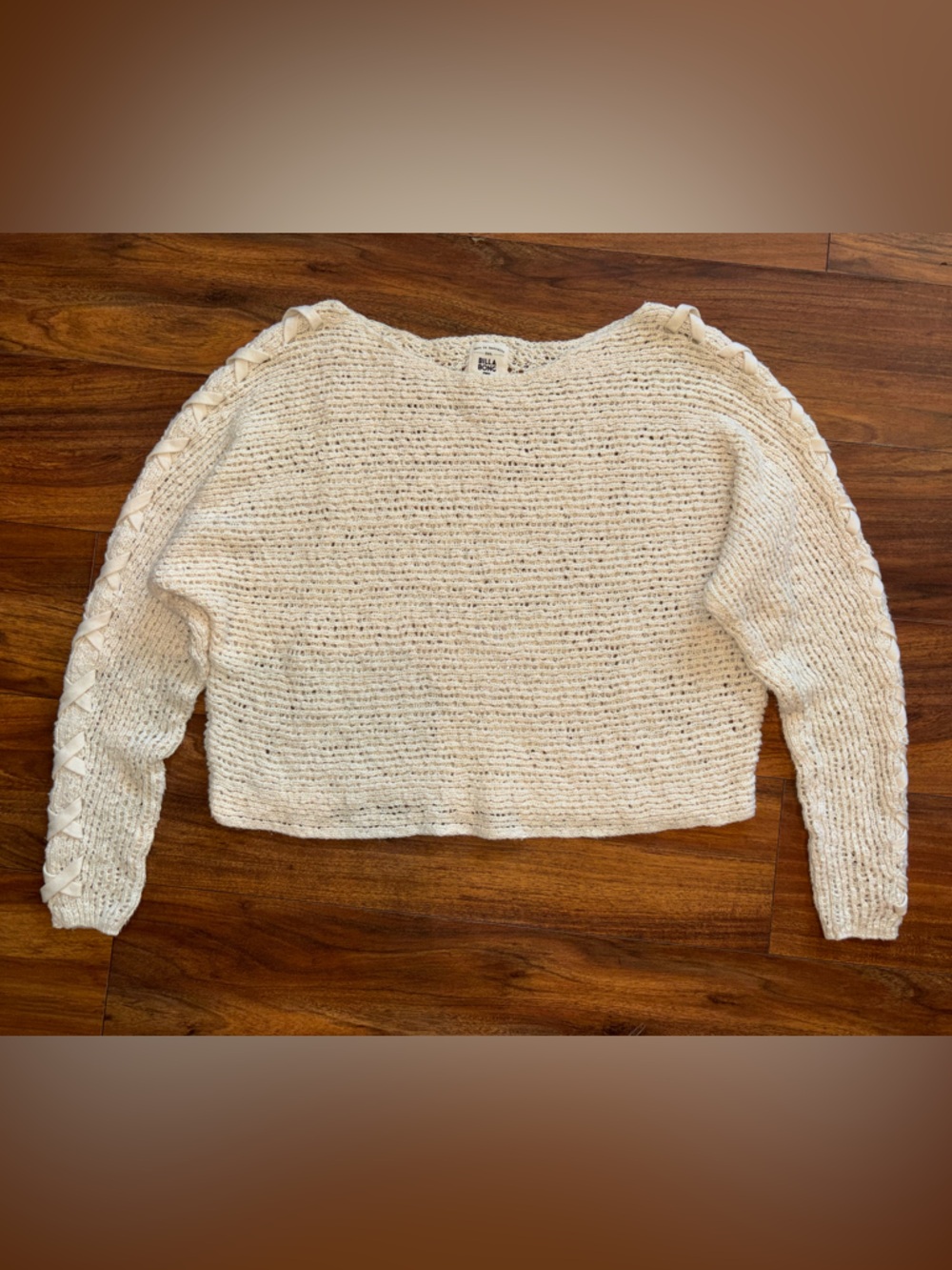 Billabong Cream Scoop Neck Knit Sweater with Braided Sleeve Detail